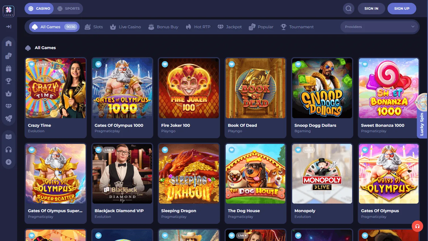 Lucky Friends Casino desktop games catalogue with casino and live game categories