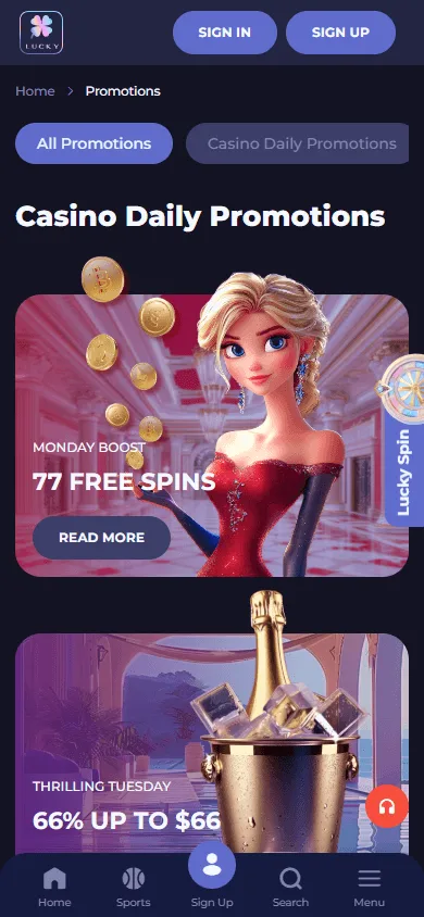 Lucky Friends Casino mobile promotions area with casino and sportsbook welcome offers