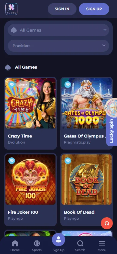 Lucky Friends Casino mobile games catalogue with slots and casino categories
