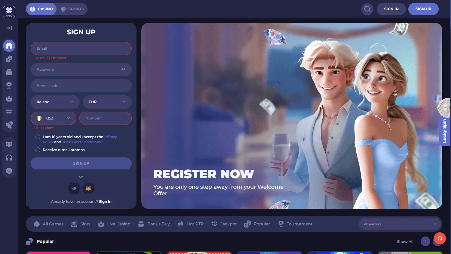 Lucky Friends Casino desktop homepage with casino and sportsbook access