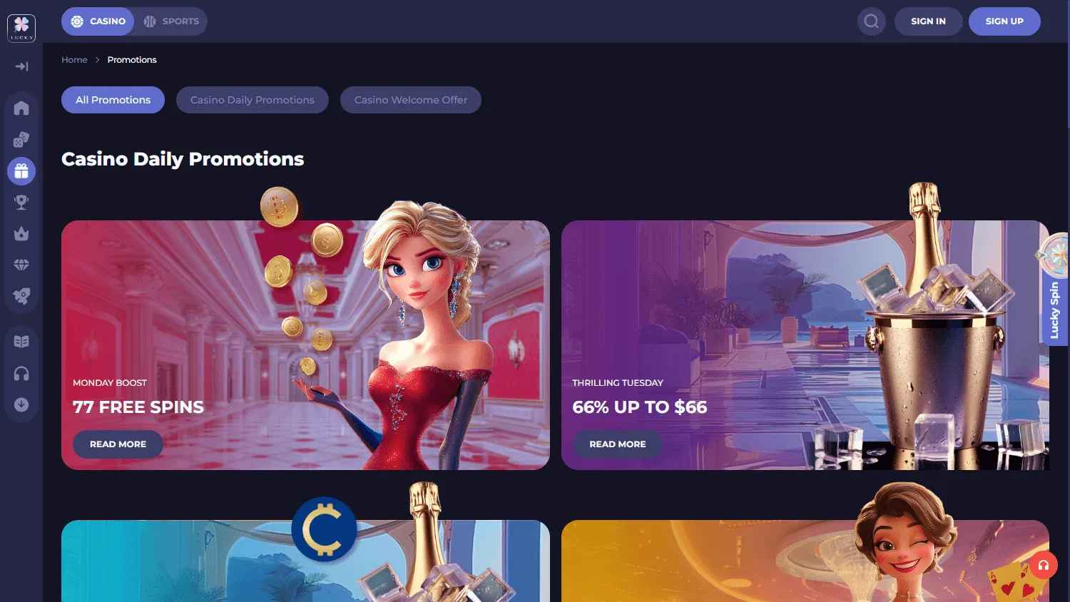 Lucky Friends Casino desktop promotions area with welcome offer details